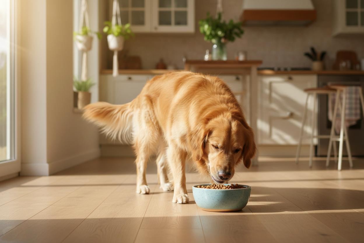 Golden retriever eating from a bowl in a sunny kitchen